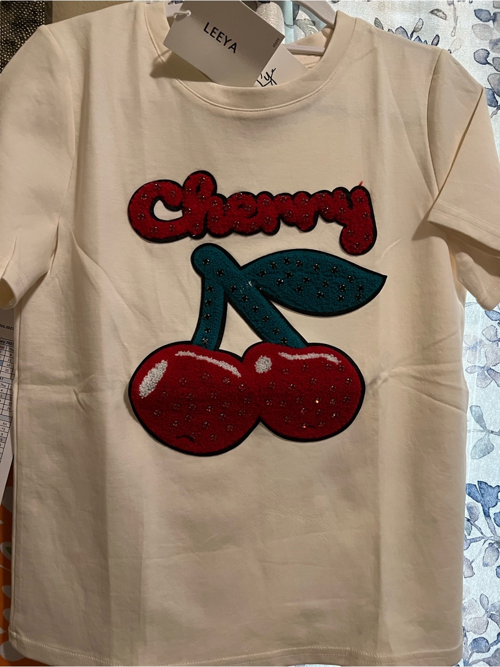 Cherry Graphic Rhinestone Embellished T-Shirt Cream White NWT